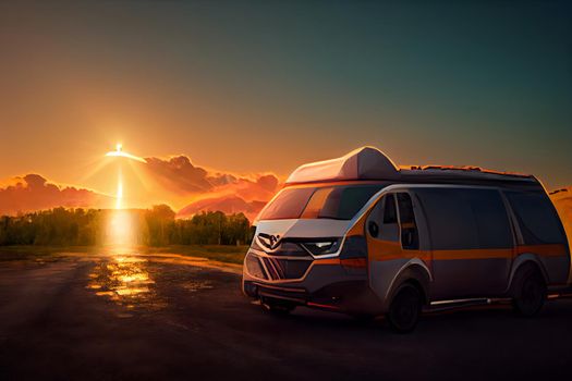 Travel van driving on sunset background. Camping car on the road. Cartoon style travel concept, neural network generated art. Digitally generated image. Not based on any actual scene or pattern.