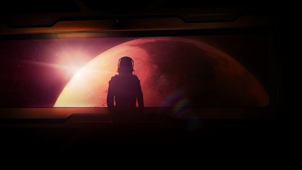 The silhouette of an astronaut in a spacesuit looking at Mars from the window of an approaching spaceship.