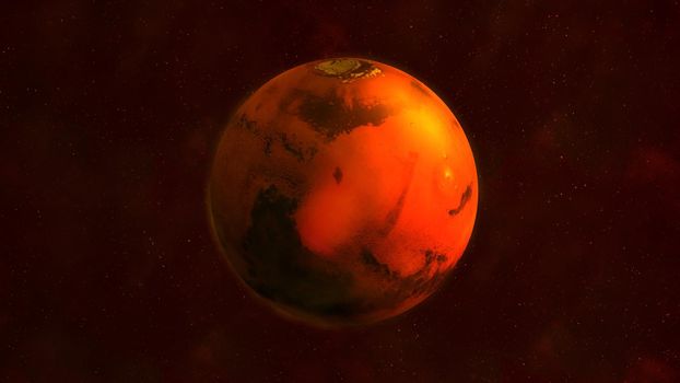 Realistic Mars from space showing Isidis Regio. The planet is half illuminated by the sun.
