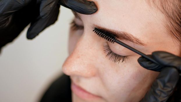 beauty saloon. close-up, hands of the cosmetician in black rubber gloves keep a special brush and comb eyebrows. Master corrects the shape of the eyebrows. Professional care for face. High quality photo