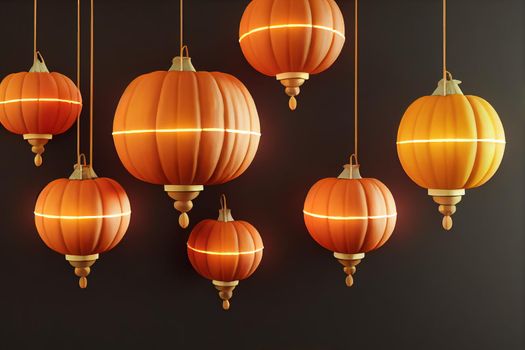 Living room interior decorated with lanterns and Halloween pumpkins, Jack o lantern, for Halloween party, 3D Rendering