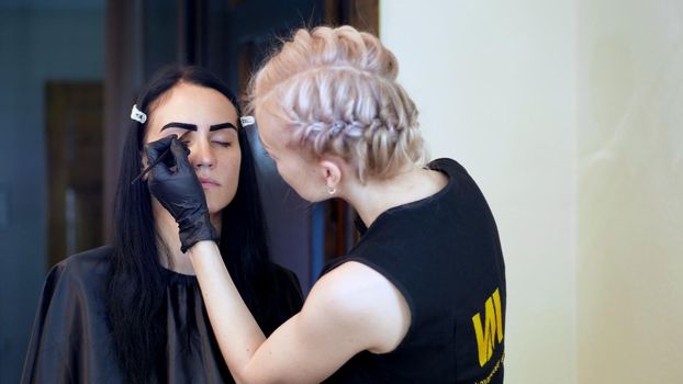 young woman gets eyebrow correction procedure. kosmetolog- makeup artist applies paint with brush on eyebrows in beauty saloon. Professional care for face. High quality photo