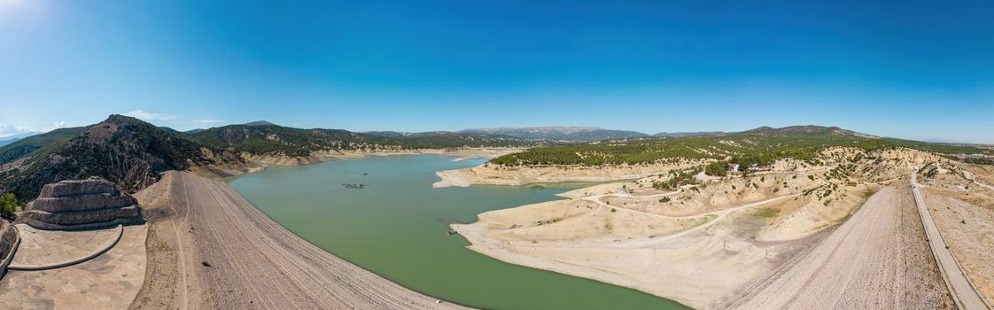 Aerial photo of panoramic view of Antalya Korkuteli dam lake on a sunny day