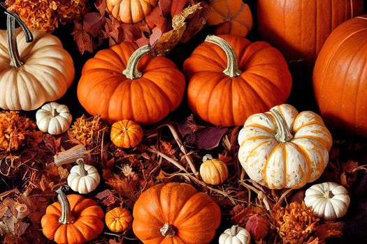 Autumn seasonal composition of pumpkin, dried flowers, mushrooms, tree bark Thanksgiving Day Autumn mood , anime style