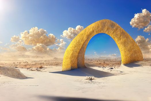Surreal desert landscape with yellow arch and white clouds, 3d illustration