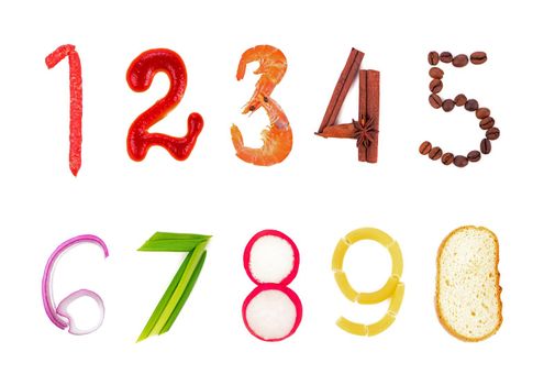 numbers numerals laid out from food isolated on white background