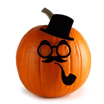 Pumpkin gentleman on Halloween in cylinder hat Mustache and glasses smoking pipe isolated on white background