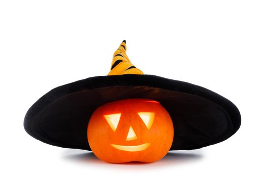 Funny Jack O Lantern Halloween pumpkin wearing witches hat isolated on white background