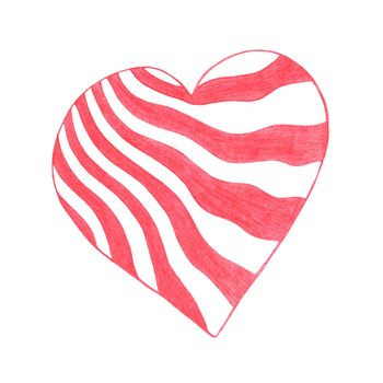 Red Heart Drawn by Colored Pencil. The Sign of World Heart Day. Symbol of Valentines Day. Heart Shape Isolated on White Background.