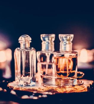 Perfumery, cosmetic branding and spa concept - Perfume bottles and vintage fragrance at night, aroma scent, fragrant cosmetics and eau de toilette as luxury beauty brand, holiday fashion parfum design