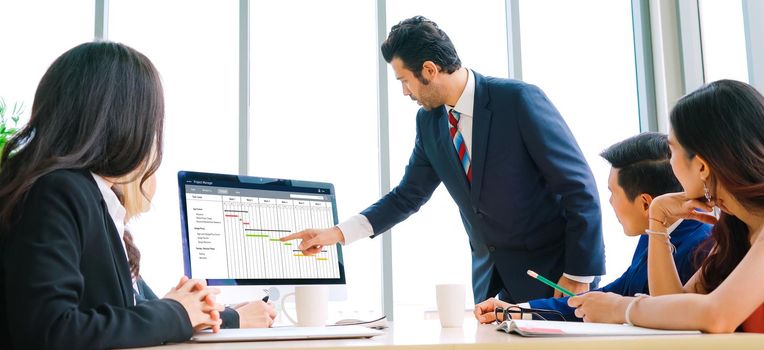 Project planning software for modish business project management on the computer screen showing timeline chart of the team project