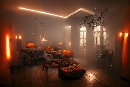 halloween decorated home interior with costumed figures and smoke or fog, neural network generated art. Digitally generated image. Not based on any actual scene or pattern.