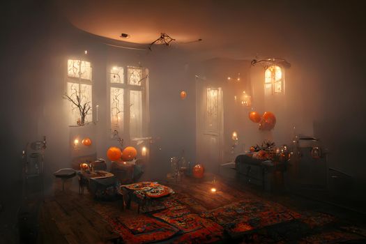 halloween decorated home interior with costumed figures and smoke or fog, neural network generated art. Digitally generated image. Not based on any actual scene or pattern.