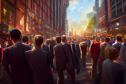 crowd of office suit wearing people walking to work at downtown street, neural network generated art. Digitally generated image. Not based on any actual scene or pattern.