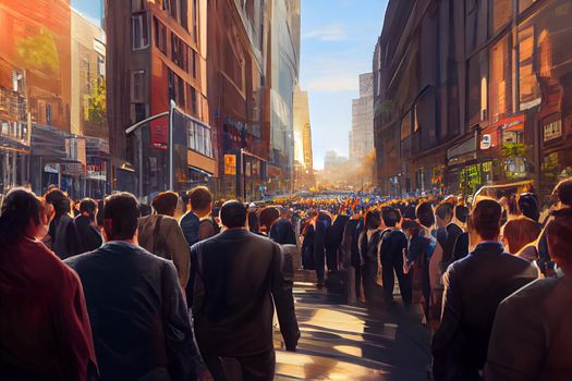 crowd of office suit wearing people walking to work at downtown street, neural network generated art. Digitally generated image. Not based on any actual scene or pattern.