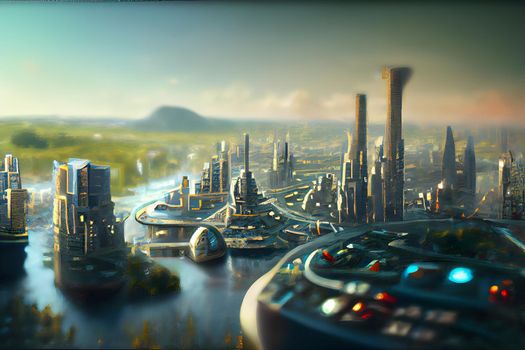 abstract futuristic utopian cityscape, neural network generated art. Digitally generated image. Not based on any actual scene or pattern.