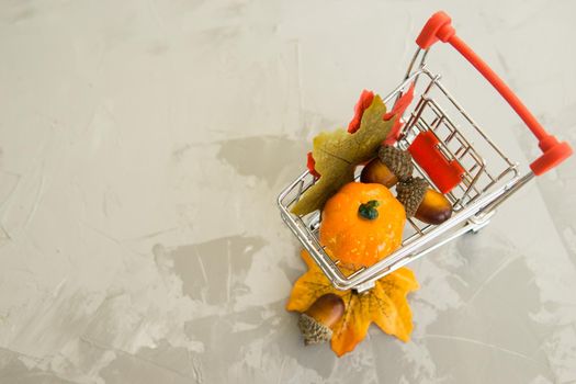 Grocery cart with decorative pumpkins and maple leaves on a concrete background. The concept of the autumn sales. Black Friday and cyber Monday. Space for text.
