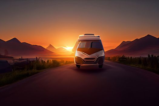 Travel van driving on sunset background. Camping car on the road. Cartoon style travel concept, neural network generated art. Digitally generated image. Not based on any actual scene or pattern.