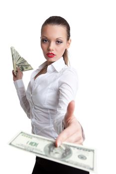 sexy business woman give a dollar with scorn isolated