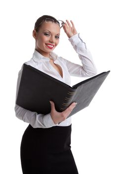 Sexy business woman look in ledger book and glasses isolated