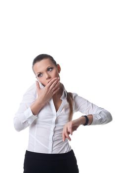 Woman talk on phone fear of time stress isolated
