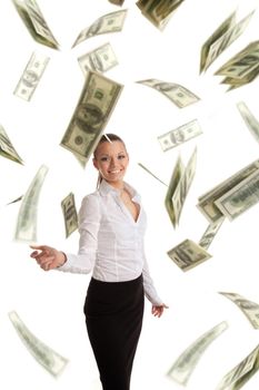 cute sexy business woman in cloud of flying dollars isolated