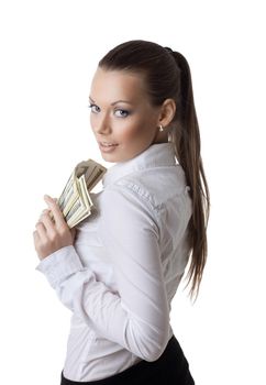 young sexy business woman kiss a bundle of money isolated