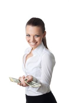 young sexy business woman offer a bundle of money isolated