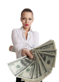 young business woman offer to you a bundle of dollars isolated