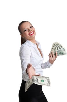 sexy business woman give a dollar with scorn isolated