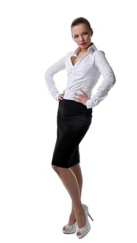 Sexy business woman stand portrait isolated on white