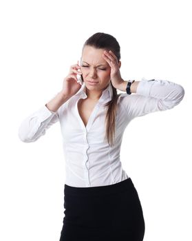 Sexy young Tired young business woman talk on phone isolated