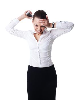 Sexy young business woman scream on cell phone isolated