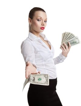 young business woman offer to you a bundle of dollars isolated