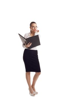 Sexy business woman stand with big ledger book and glasses isolated