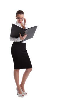 Sexy business woman look in ledger book and glasses isolated