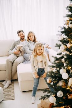 Happy family: mom, dad and pet. Family in a bright New Year's interior with a Christmas tree.