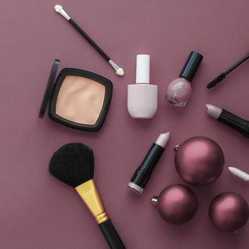 Cosmetic branding, fashion blog cover and girly glamour concept - Make-up and cosmetics product set for beauty brand Christmas sale promotion, luxury purple flatlay background as holiday design