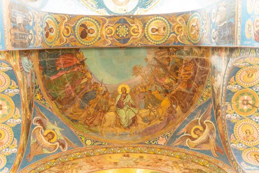 RUSSIA, PETERSBURG - AUG 21, 2022: Petersburg russia christ saint church russian building landmark icon, for orthodox savior from christianity from travel mosaic, interest petersburg. Interior bright monument,