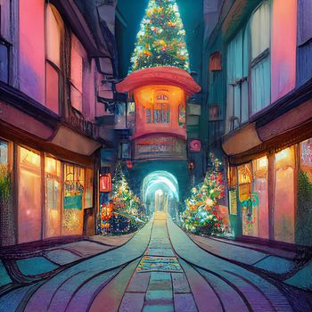 Colorful illustration of street in christmas. High quality illustration