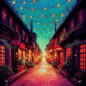 Colorful illustration of street in christmas. High quality illustration