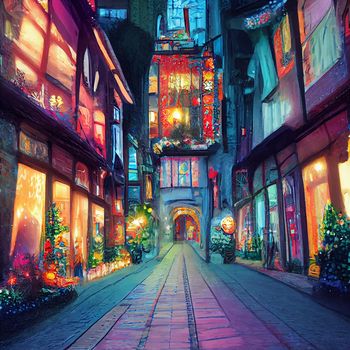 Colorful illustration of street in christmas. High quality illustration