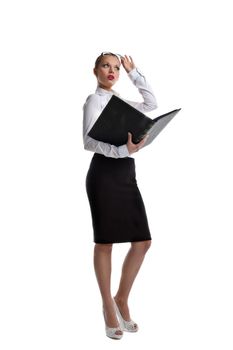 Sexy business woman stand with big ledger book and glasses isolated