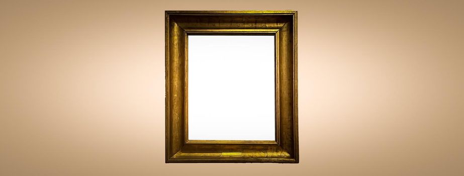 Antique art fair gallery frame on beige wall at auction house or museum exhibition, blank template with empty white copyspace for mockup design, artwork concept