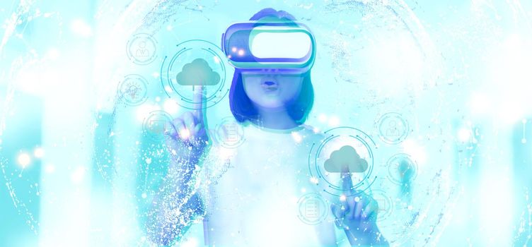 Potrait of asian woman in virtual reality glasses, pointing, choosing smth in VR headset, standing over white background.