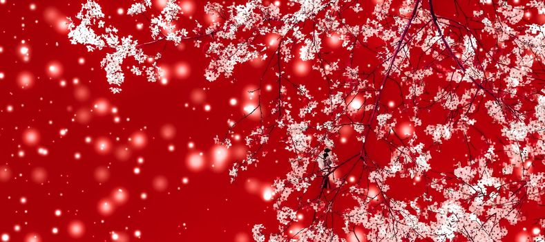 Branding, magic and festive concept - Christmas, New Years red floral background, holiday card design, flower tree and snow glitter as winter season sale promotion backdrop for luxury beauty brand