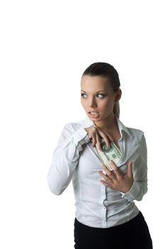 Sexy business woman hide a bundle of money isolated