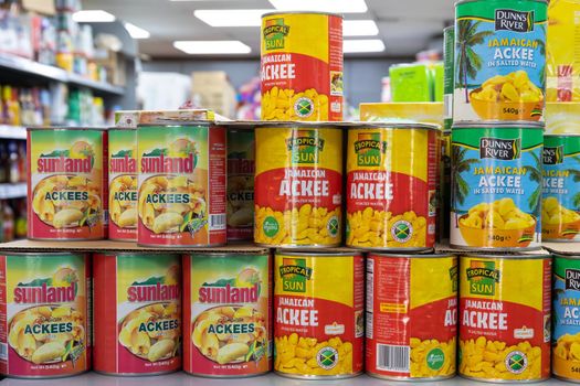 London, England - September 11 2021: Variety of tinned ackee on sale in a shop in London