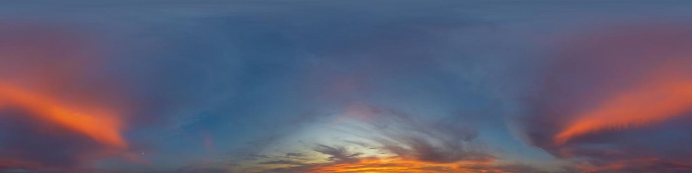 Dark blue sunset sky panorama with pink Cumulus clouds. Seamless hdr 360 pano in spherical equirectangular format. Full zenith for 3D visualization, game, sky replacement for aerial drone panoramas