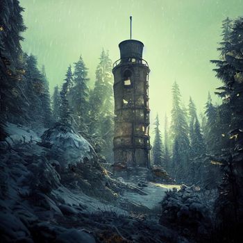 Lonely abandoned tower in the winter forest. High quality illustration